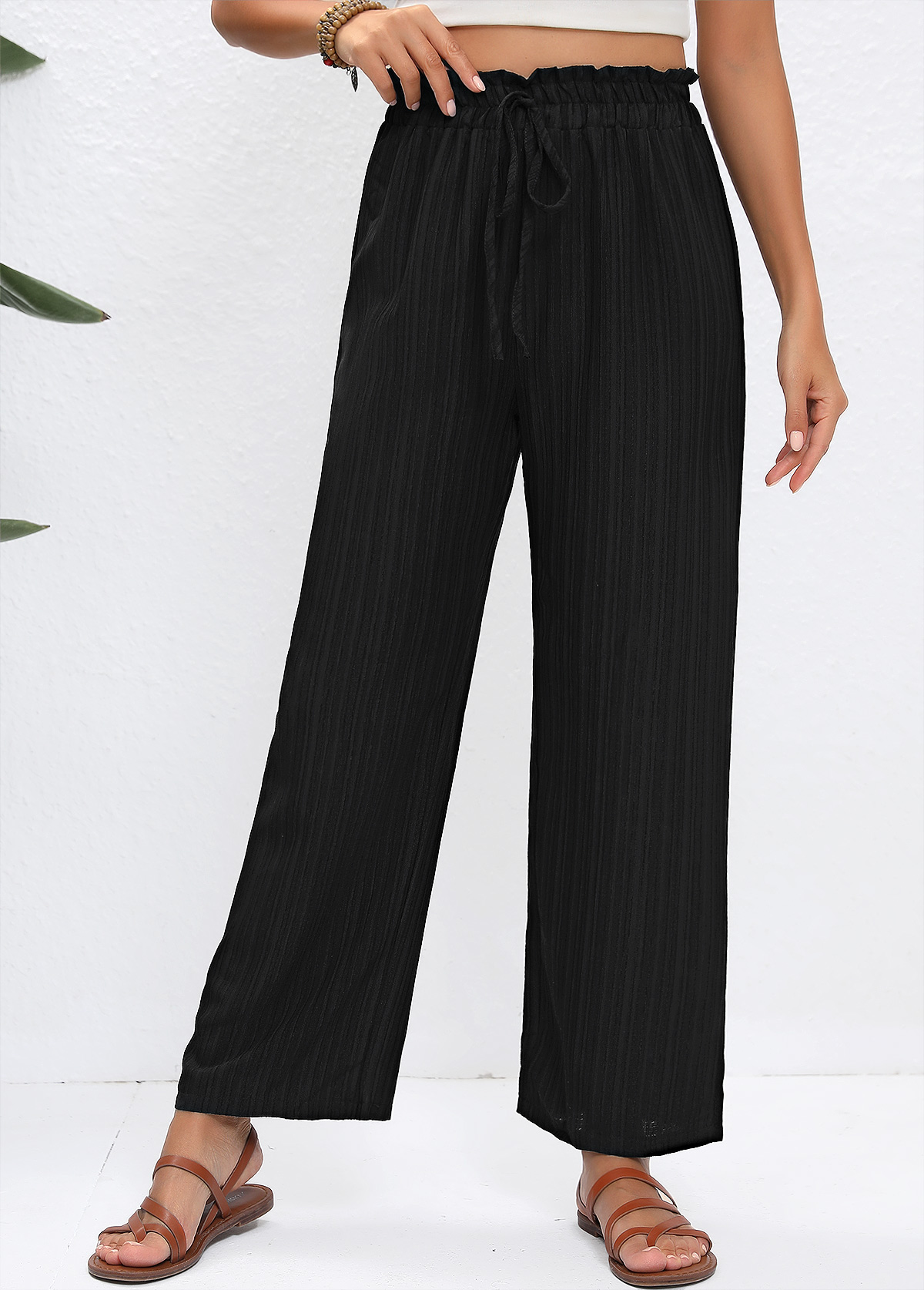 Black bottoms,Plain Color bottoms,Drawstring Black Straight Leg Elastic Waist High Waisted Pants
