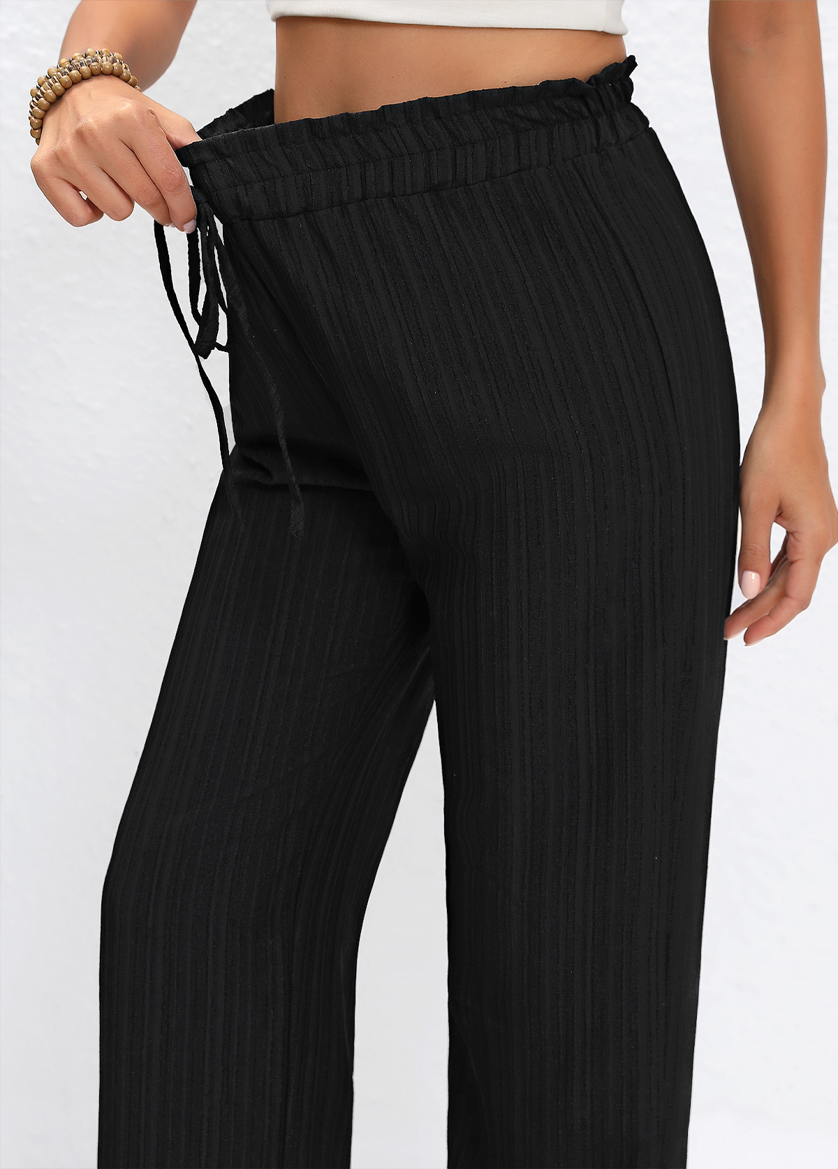 Black bottoms,Plain Color bottoms,Drawstring Black Straight Leg Elastic Waist High Waisted Pants