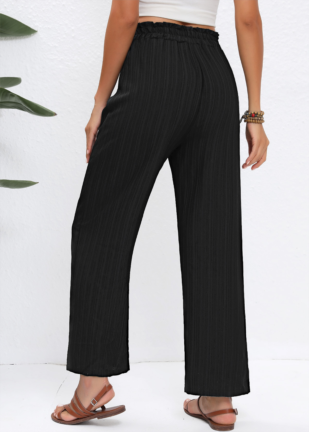 Black bottoms,Plain Color bottoms,Drawstring Black Straight Leg Elastic Waist High Waisted Pants