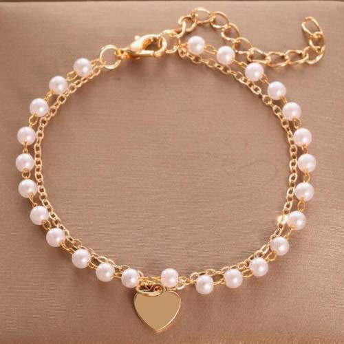 Golden Alloy Pearl Heart Layered Bracelet