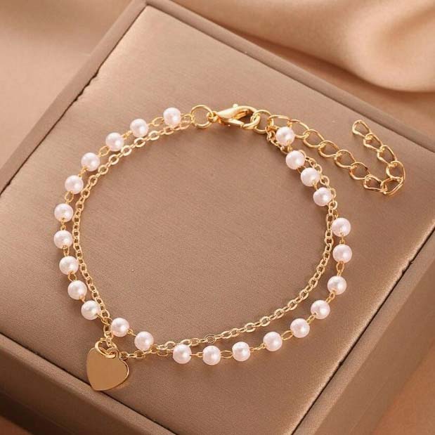 Golden Alloy Pearl Heart Layered Bracelet