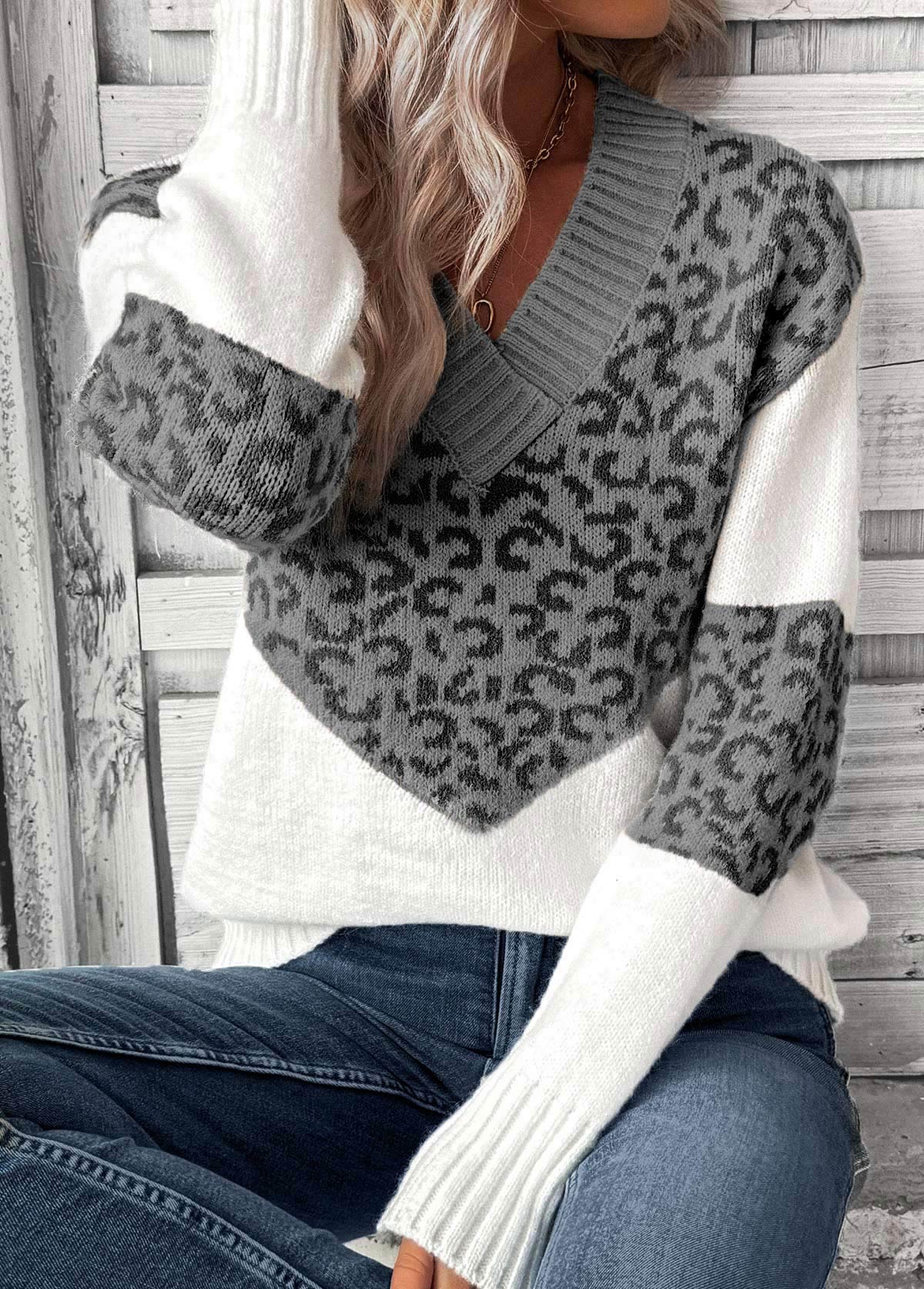Grey tops,Leopard tops,Animal Print tops,Patchwork Leopard Grey V Neck Long Sleeve Sweater