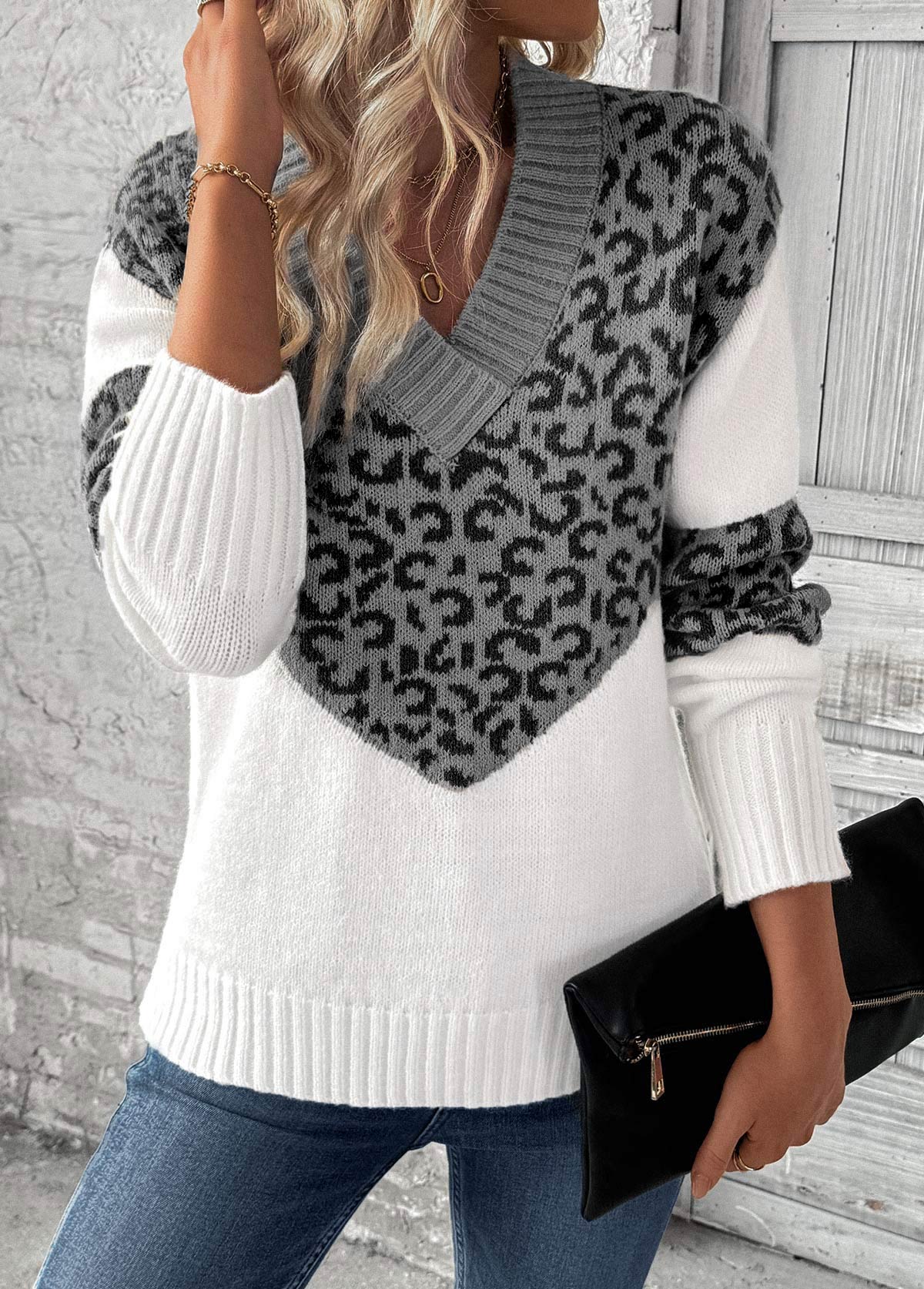 Grey tops,Leopard tops,Animal Print tops,Patchwork Leopard Grey V Neck Long Sleeve Sweater