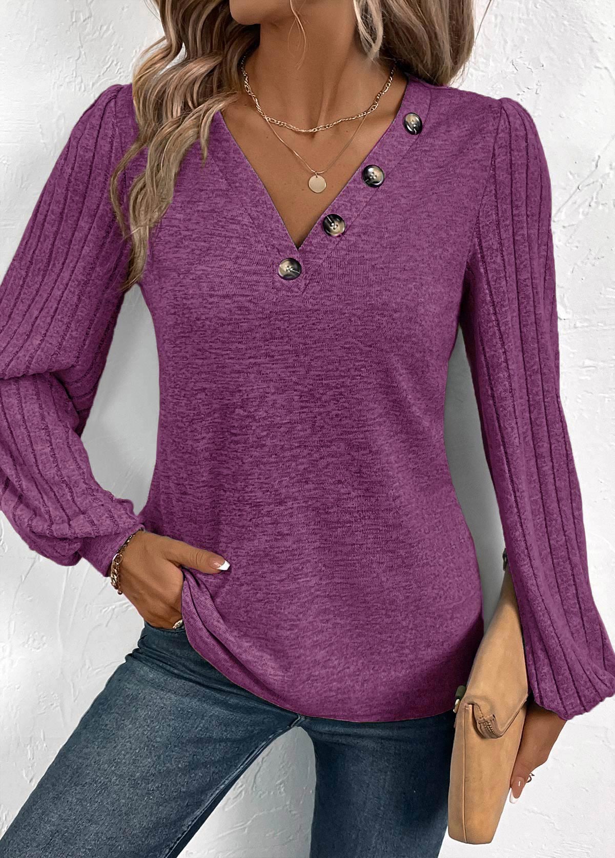 Purple tops,Plain Color tops,ROTITA Button Purple V Neck Long Sleeve T Shirt