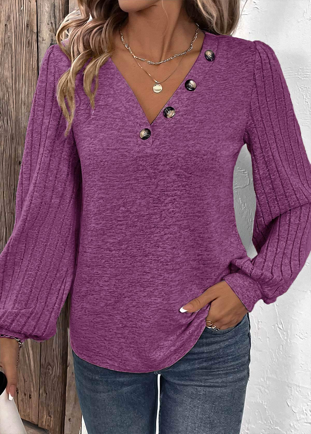 Purple tops,Plain Color tops,ROTITA Button Purple V Neck Long Sleeve T Shirt