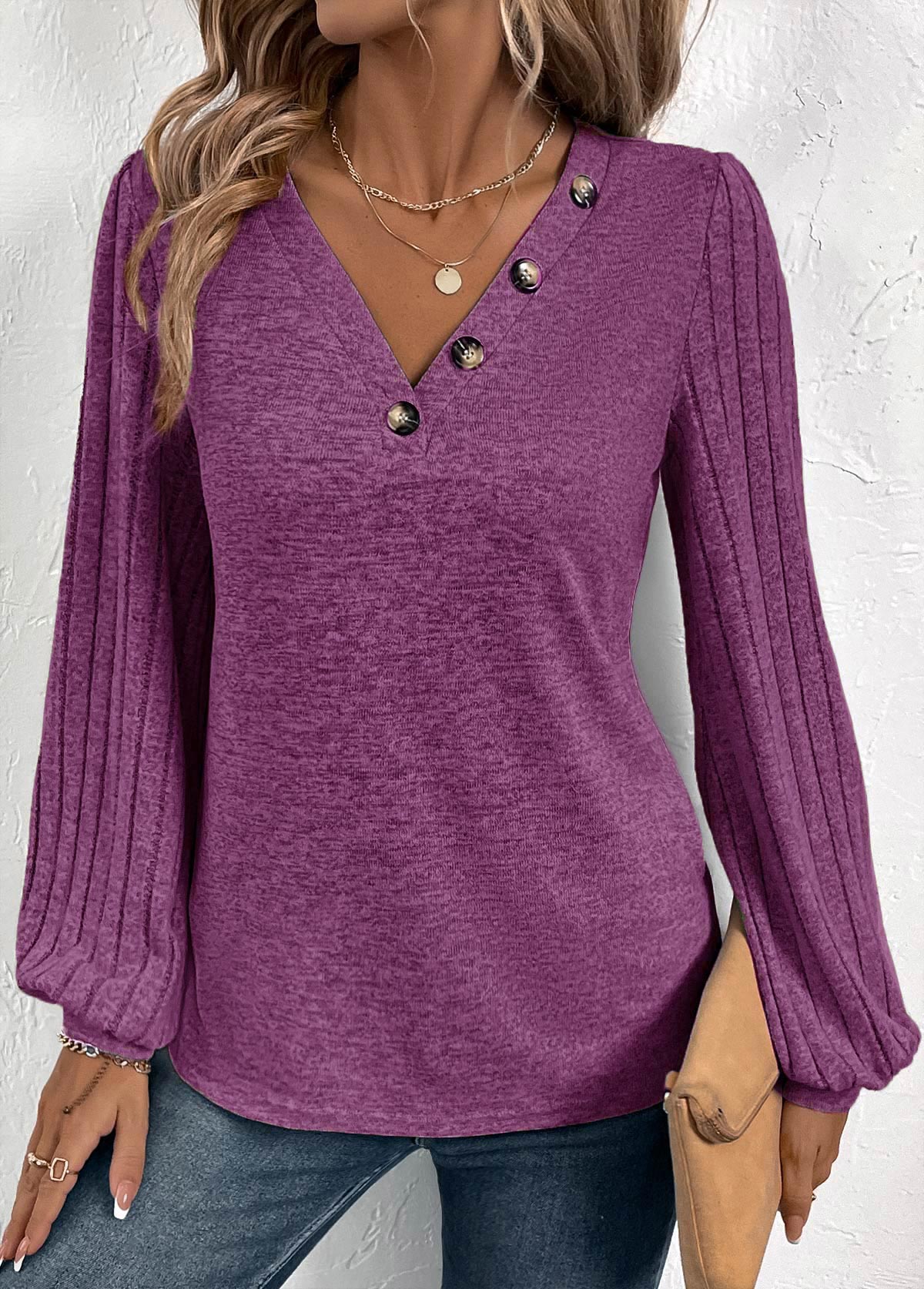 Purple tops,Plain Color tops,ROTITA Button Purple V Neck Long Sleeve T Shirt
