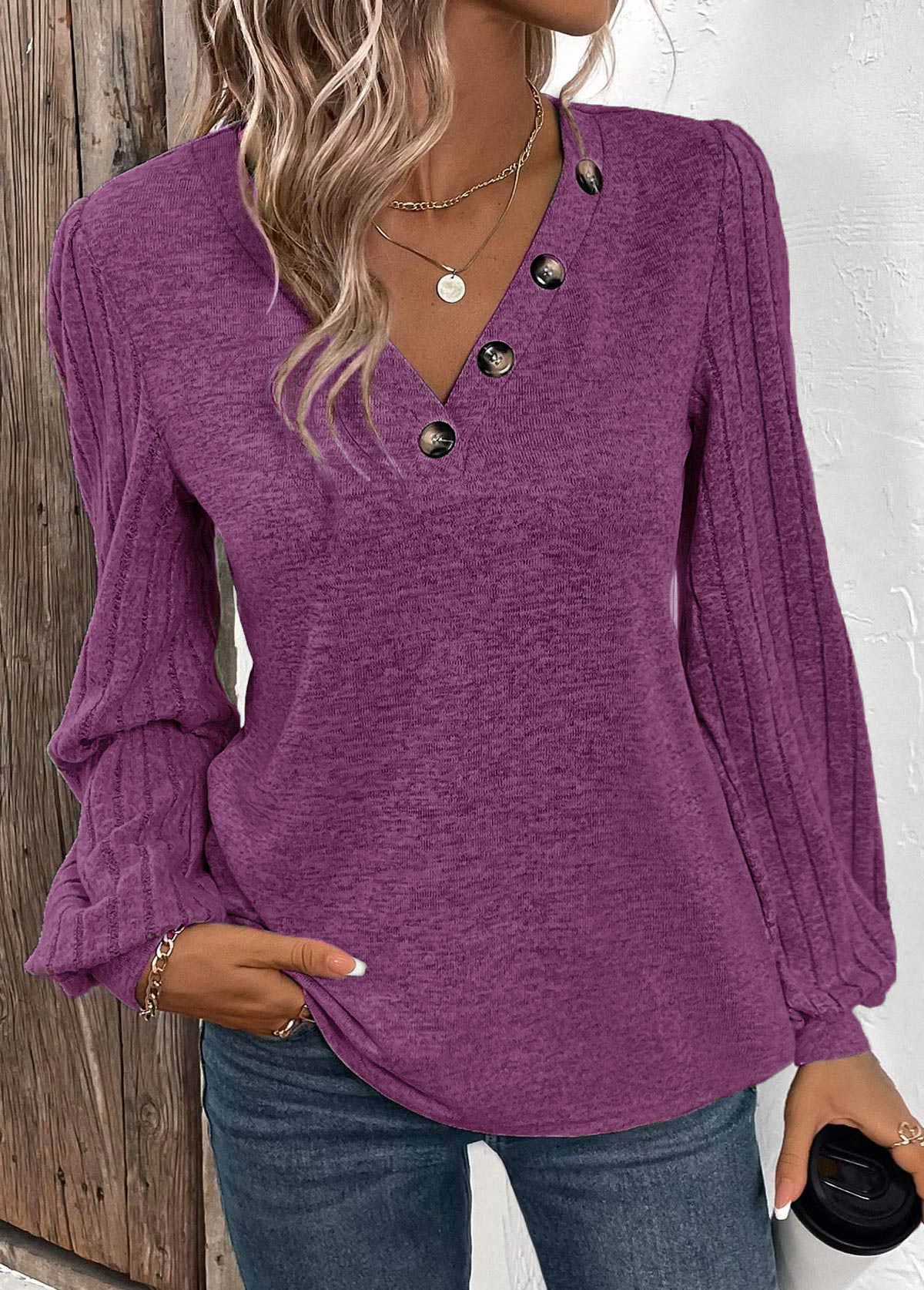 Purple tops,Plain Color tops,ROTITA Button Purple V Neck Long Sleeve T Shirt