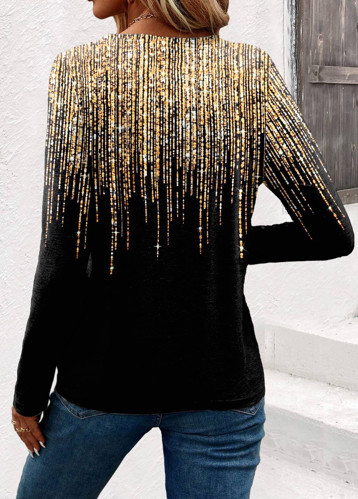 Gold tops,Ombre tops,ROTITA Ombre Gold V Neck Long Sleeve T Shirt
