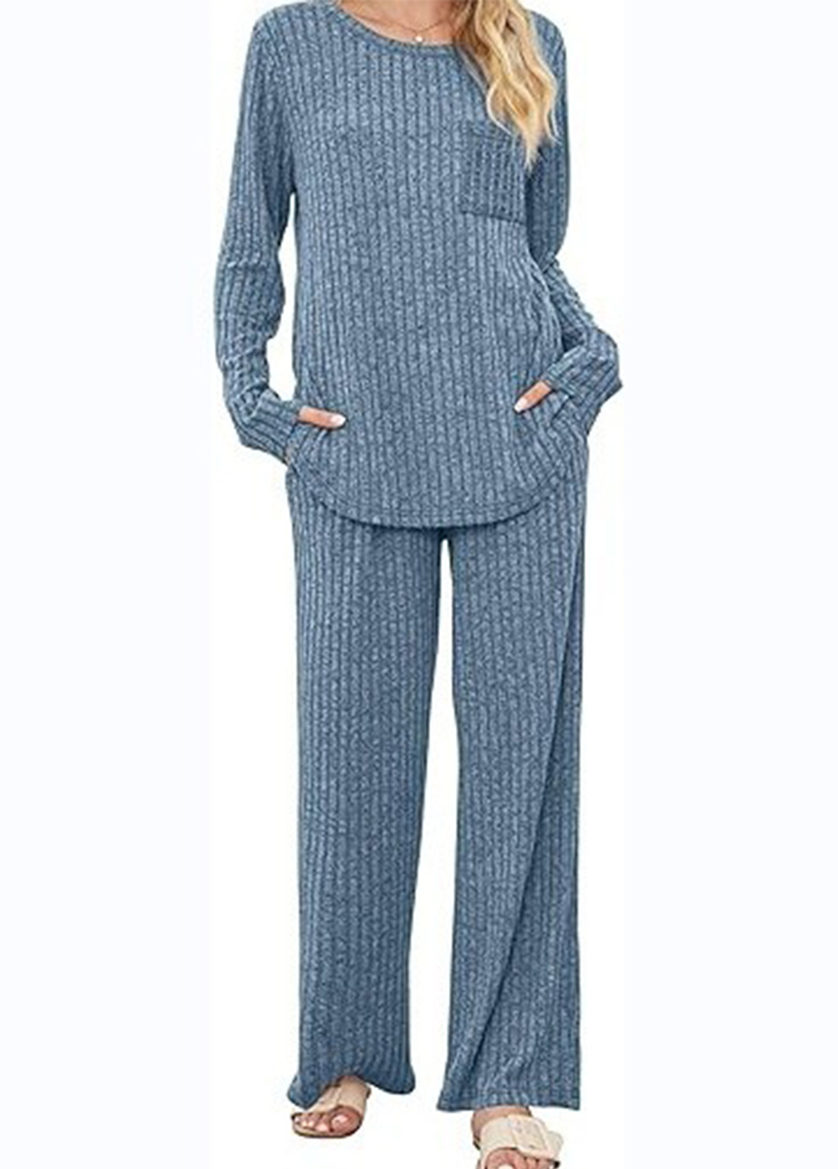 Dusty Blue loungewear,Plain Color loungewear,Dusty Blue Round Neck Lounge Top and Pants