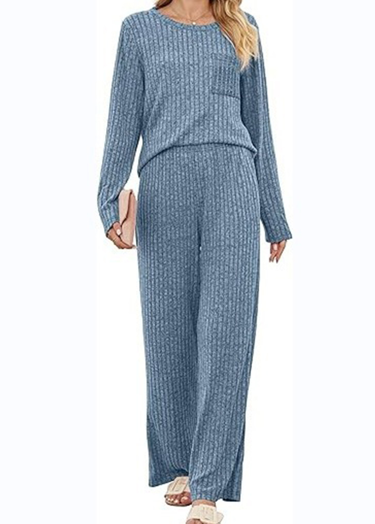 Dusty Blue loungewear,Plain Color loungewear,Dusty Blue Round Neck Lounge Top and Pants
