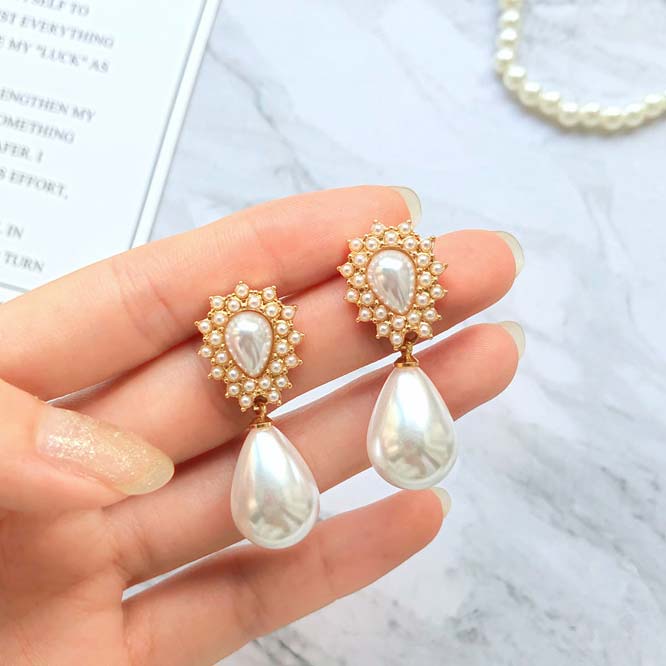 Golden jewelry,Gold Color Pearl Alloy Detail Earrings