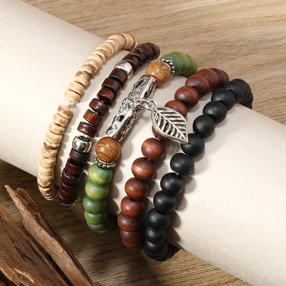 Dark Coffee jewelry,Plants jewelry,Leaf Dark Coffee Wood Beaded Bracelet Set