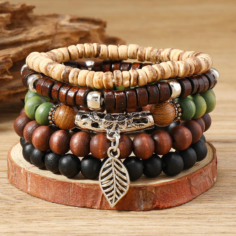 Dark Coffee jewelry,Plants jewelry,Leaf Dark Coffee Wood Beaded Bracelet Set