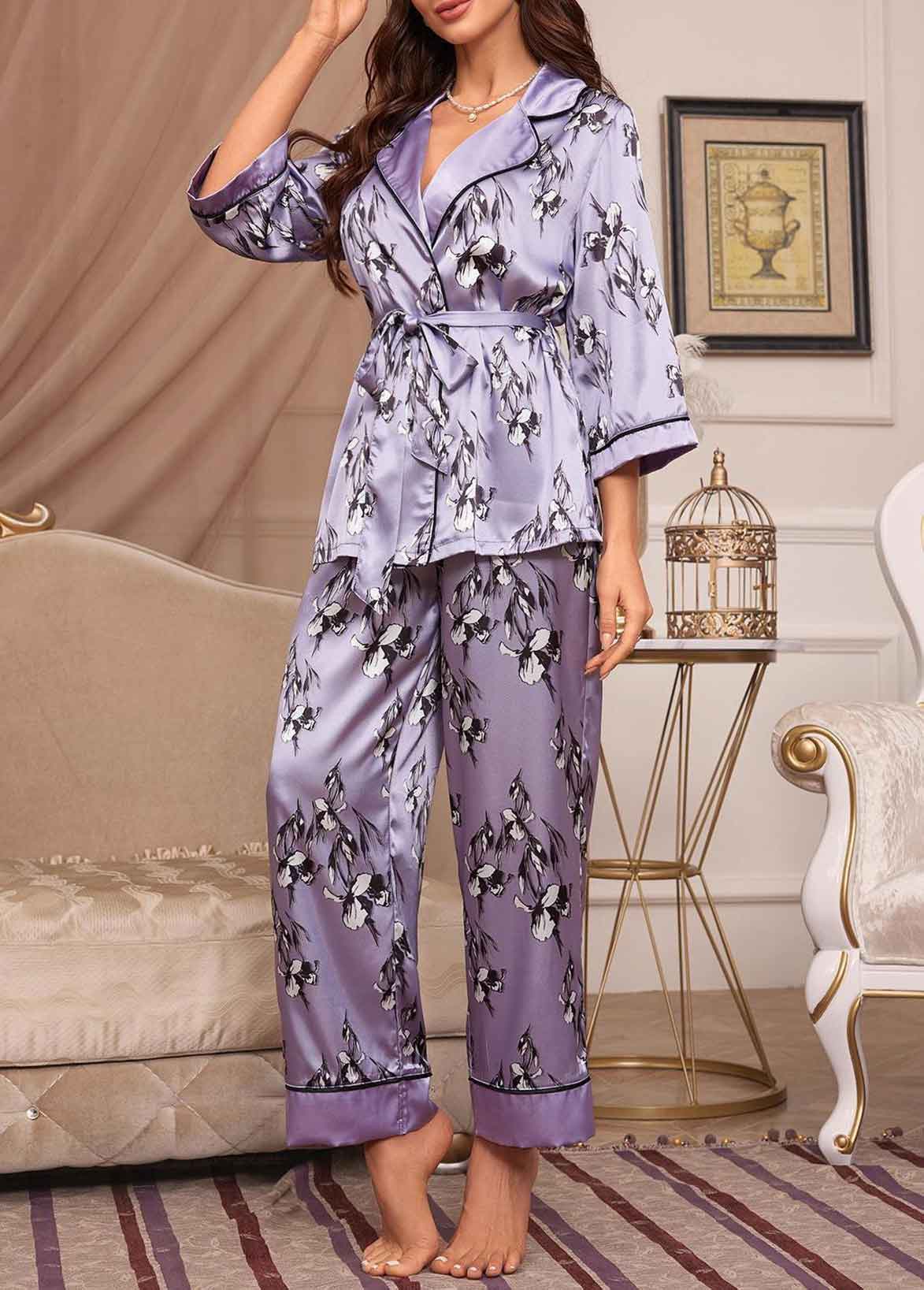 Purple loungewear,Floral loungewear,Plants loungewear,Floral Print Belted Purple Lounge Top and Pants