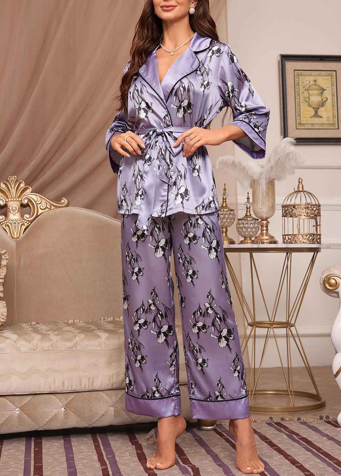 Purple loungewear,Floral loungewear,Plants loungewear,Floral Print Belted Purple Lounge Top and Pants