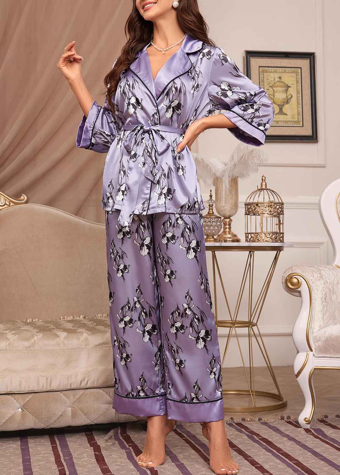 Purple loungewear,Floral loungewear,Plants loungewear,Floral Print Belted Purple Lounge Top and Pants
