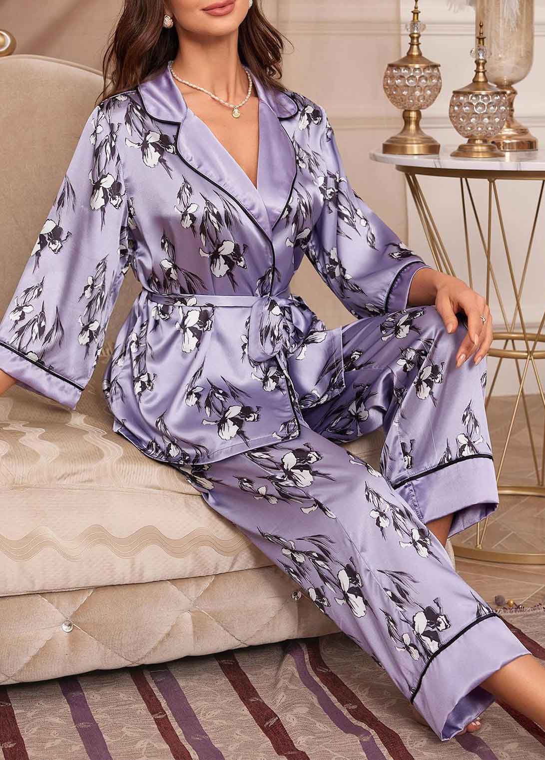 Purple loungewear,Floral loungewear,Plants loungewear,Floral Print Belted Purple Lounge Top and Pants