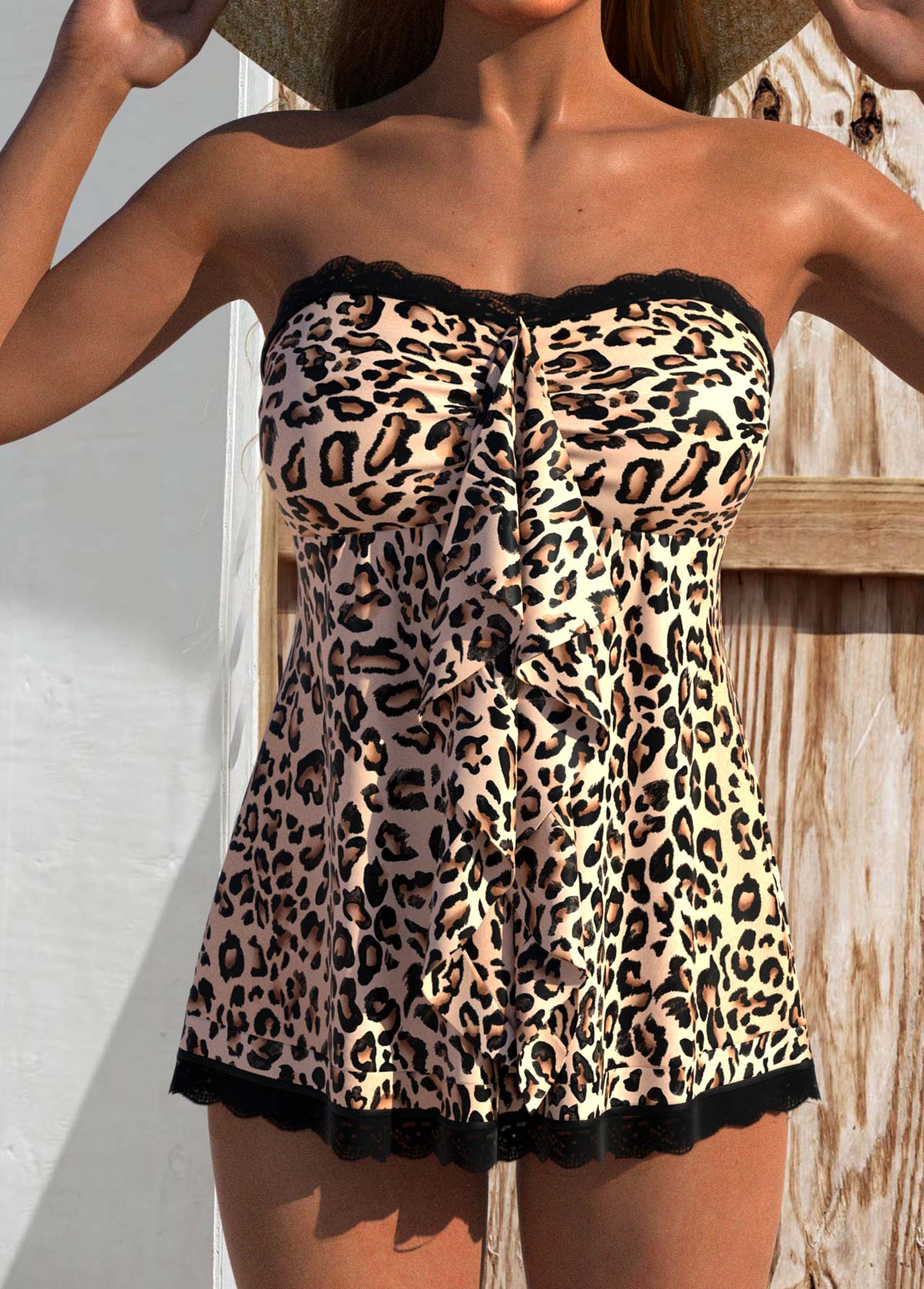 Rotita-Spitzen-Tankini-Oberteil in hellem Kamel und Leopardenmuster-Kein Boden