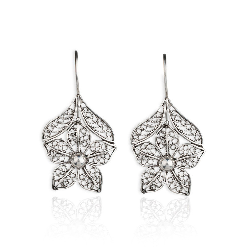 Silver jewelry,Floral jewelry,Plants jewelry,Silver Alloy Hollow Design Floral Earrings