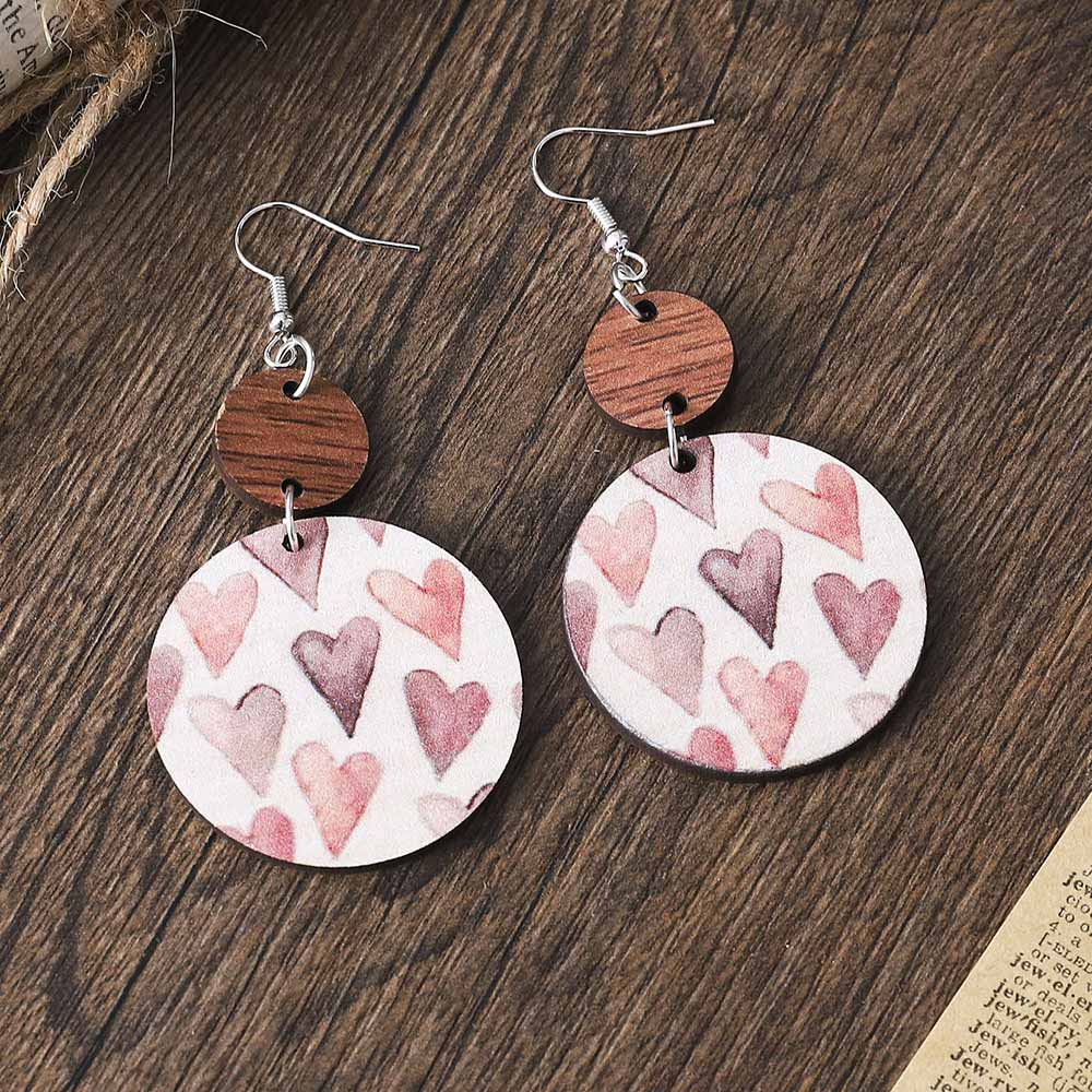 Round Light Pink Wood Heart Print Earrings
