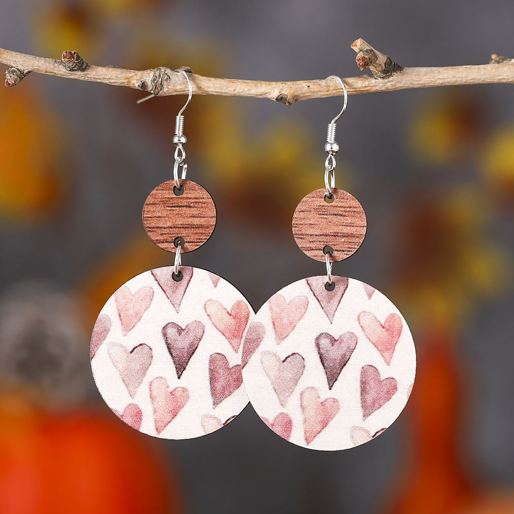Round Light Pink Wood Heart Print Earrings