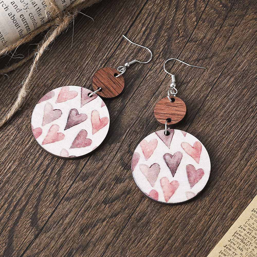 Round Light Pink Wood Heart Print Earrings
