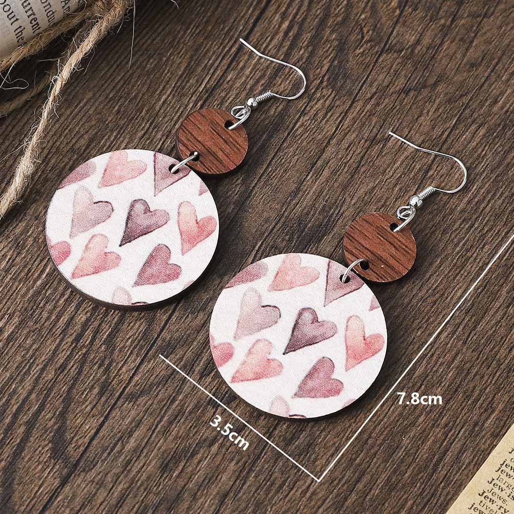Round Light Pink Wood Heart Print Earrings