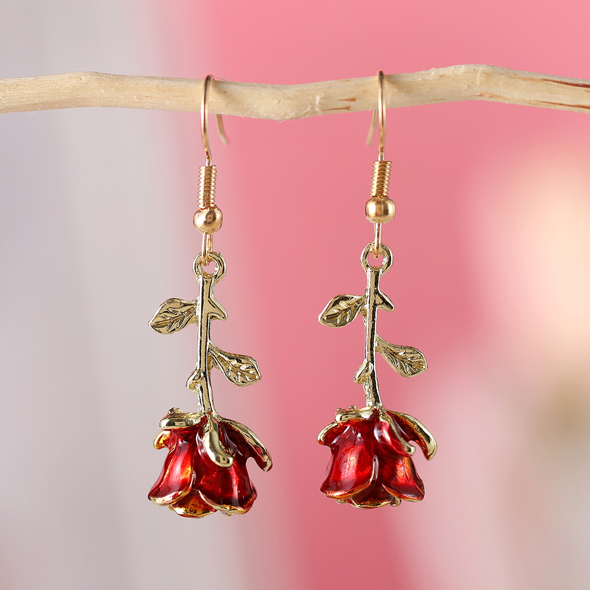 Red jewelry,Plants jewelry,Floral jewelry,Rose Red Alloy Floral Plants Earrings