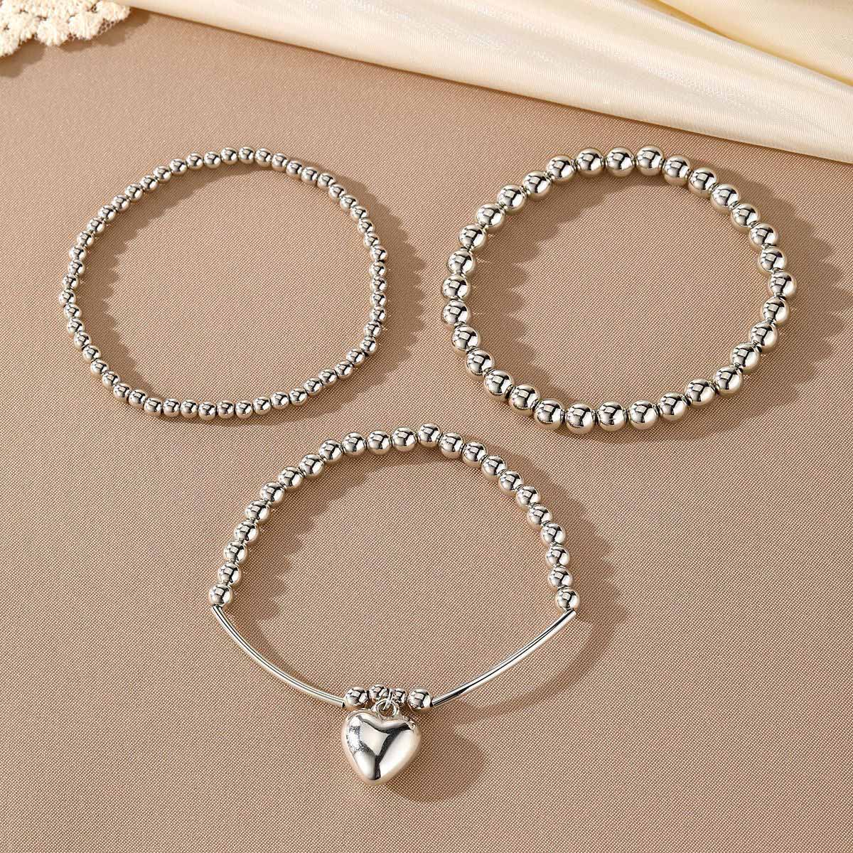 Silver jewelry,Heart jewelry,Heart Silver Beaded Alloy Bracelet Set