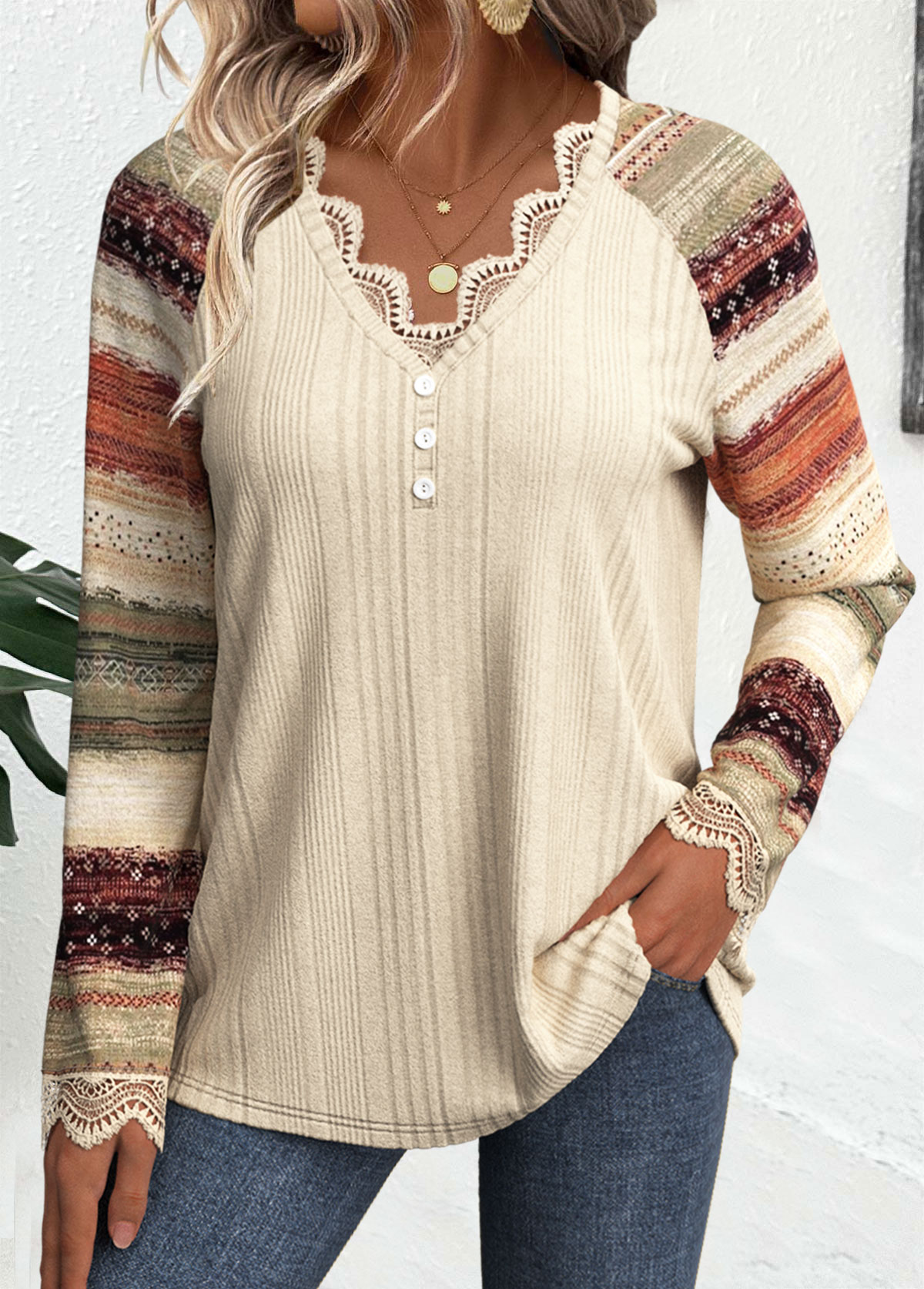 Beige plus size,Striped plus size,Geometric plus size,ROTITA Plus Size Embroidery Beige Striped V Neck T Shirt