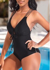Black swimwear,Plain Color swimwear,ROTITA Criss Cross Tie Front Black One Piece Swimwear