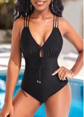 Black swimwear,Plain Color swimwear,ROTITA Criss Cross Tie Front Black One Piece Swimwear