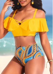 Yellow swimwear,Paisley swimwear,Dot swimwear,Tribal swimwear,Ruffle Yellow Paisley Print Mid Waisted Bikini Set