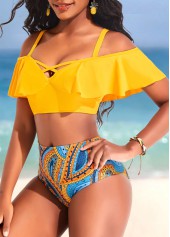 Yellow swimwear,Paisley swimwear,Dot swimwear,Tribal swimwear,Ruffle Yellow Paisley Print Mid Waisted Bikini Set