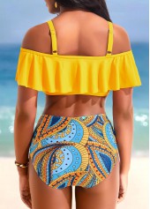 Yellow swimwear,Paisley swimwear,Dot swimwear,Tribal swimwear,Ruffle Yellow Paisley Print Mid Waisted Bikini Set