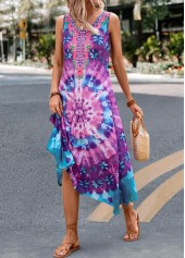 Purple dresses,Tie Dye dresses,Dot dresses,Geometric dresses,Floral dresses,Vacation dresses,Vacation dresses,ROTITA Handkerchief Hem Tie Dye Print Purple Dress