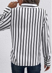 White tops,Striped tops,ROTITA Pocket Striped White Shirt Collar Long Sleeve Blouse