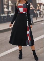 Black dresses,Plaid dresses,Geometric dresses,Striped dresses,Party dresses,Elegant dresses,Button Plaid Black Round Neck Dress