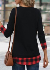 Red tops,Black tops,Plaid tops,Geometric tops,Striped tops,Christmas tops,ROTITA Patchwork Plaid Red Round Neck Long Sleeve T Shirt