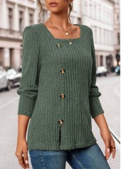 Olive Green tops,Plain Color tops,ROTITA Button Olive Green Square Neck Long Sleeve T Shirt