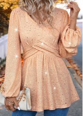 Rotita Hot Stamping hellrosa Langarmbluse mit V-Ausschnitt