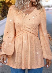 Light Pink tops,Plain Color tops,ROTITA Hot Stamping Light Pink V Neck Long Sleeve Blouse