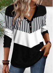 ROTITA Button Geometric Print Black V Neck T Shirt