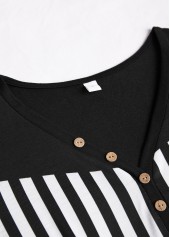 Black tops,White tops,Geometric tops,Striped tops,ROTITA Button Geometric Print Black V Neck T Shirt