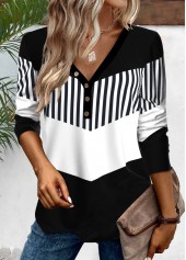 Black tops,White tops,Geometric tops,Striped tops,ROTITA Button Geometric Print Black V Neck T Shirt