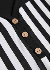 Black tops,White tops,Geometric tops,Striped tops,ROTITA Button Geometric Print Black V Neck T Shirt