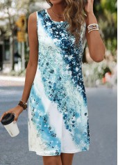 Light Blue dresses,White dresses,Ombre dresses,Everyday dresses,Casual dresses,ROTITA Ombre Light Blue Short Round Neck Sleeveless Shift Dress