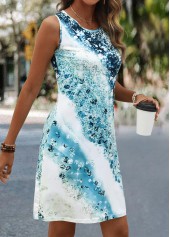 Light Blue dresses,White dresses,Ombre dresses,Everyday dresses,Casual dresses,ROTITA Ombre Light Blue Short Round Neck Sleeveless Shift Dress