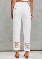 White bottoms,Plain Color bottoms,Pocket White Elastic Waist High Waisted Pants
