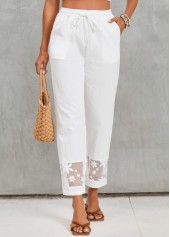 White bottoms,Plain Color bottoms,Pocket White Elastic Waist High Waisted Pants